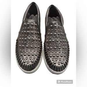 J Slides Leather studded metallic bronze slip ons